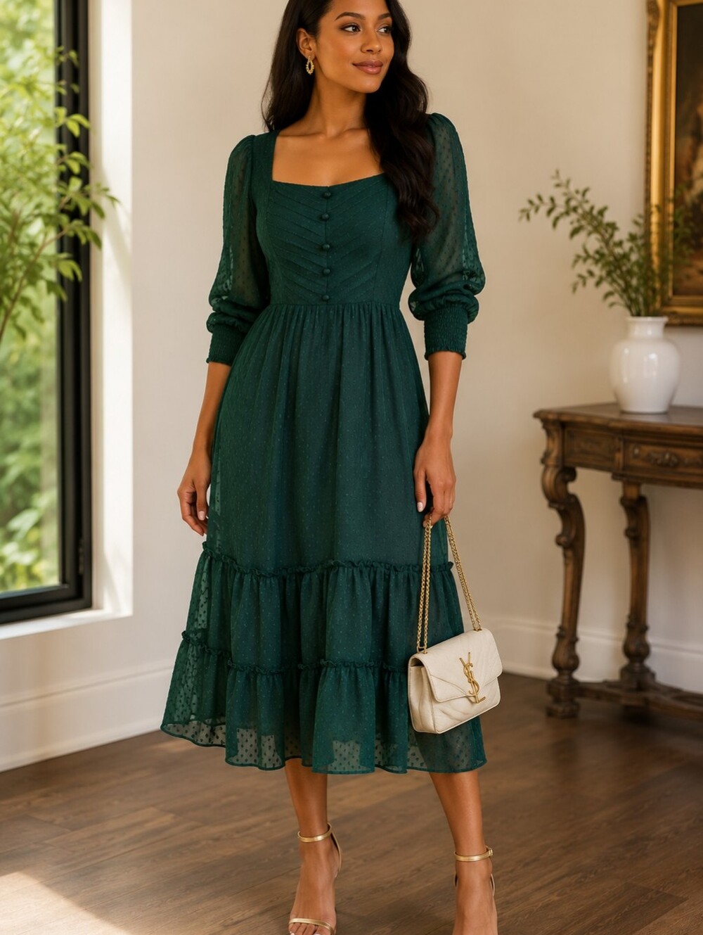 Vintage Green Victorian Square Neck Midi Puff Sleeves Y2K Dress Sz Med Coquette